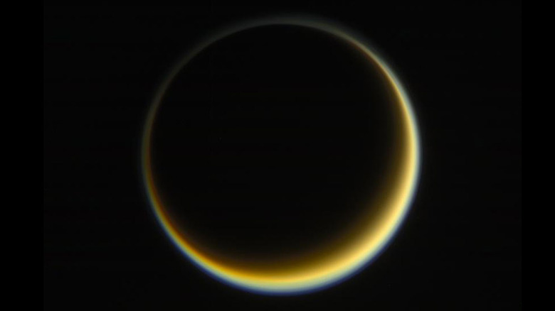 View of Titan from space, showing its hazy clouds.