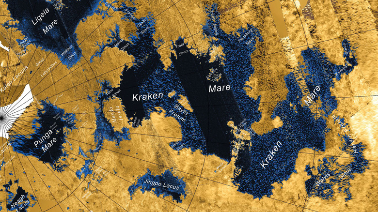 Map of Kraken Mare and nearby seas and lakes.