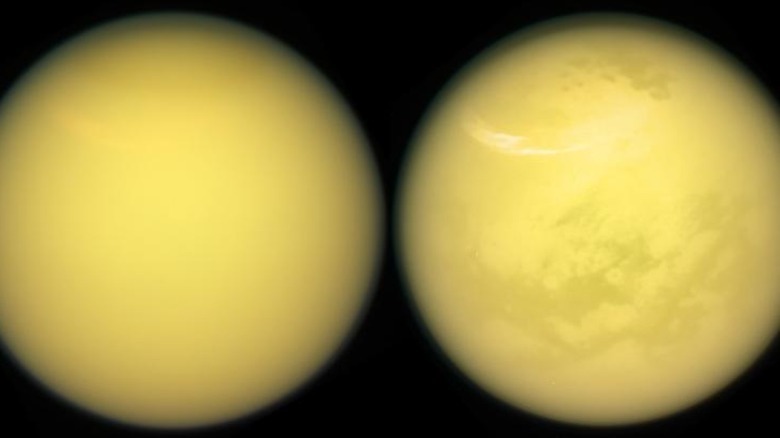 Infrared cameras show hints of Titan's surface through the clouds.