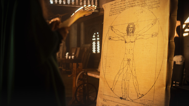 Leonardo da Vinci sketching Vitruvian Man