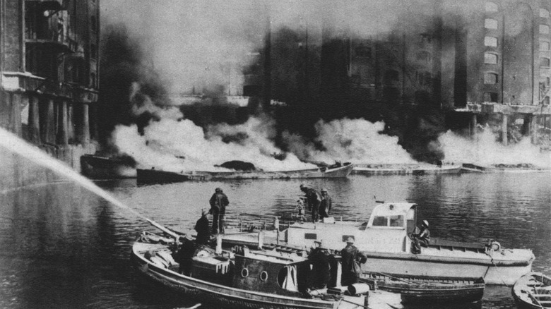 Fire-fighting boats on River Thames during the Blitz