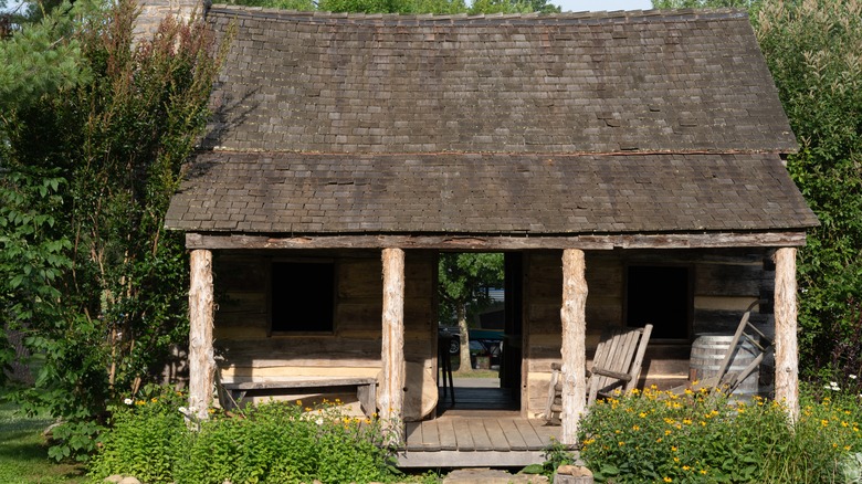 Cabin stands in front of woods