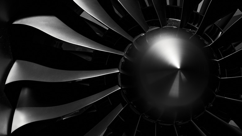 modern turbine engine blades up close all black