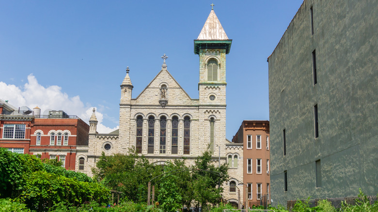 Our Lady of Mt. Carmel, Harlem, under blue sky