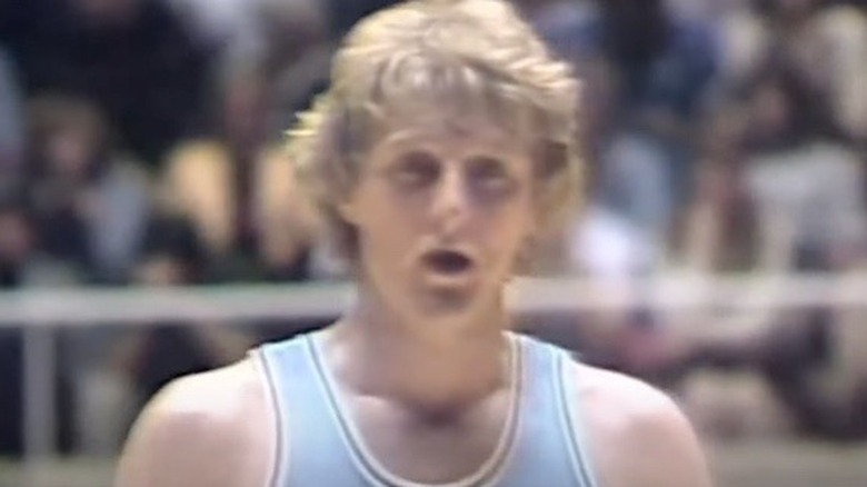 Larry Bird prepares to shoot free throw