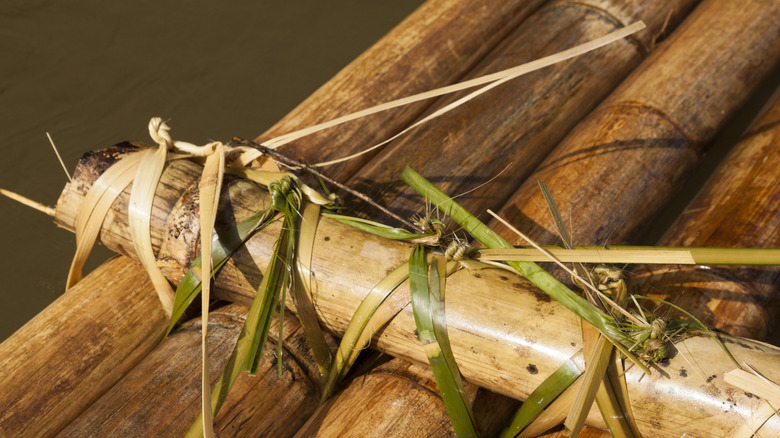 Closeup of bamboo raft lashed together with leaves