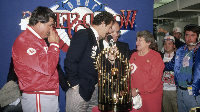 Marge Schott celebrating World Series victory