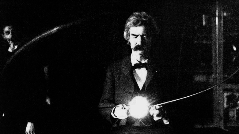 Mark Twain and Nikolai Tesla experimenting with electricity