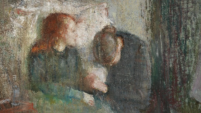 A detail from "The Sick Child" by Edvard Munch, showing a mother upset at the side of her child dying of tuberculosis