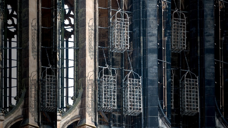Three cages hanging at St. Lambert's Church in Munster