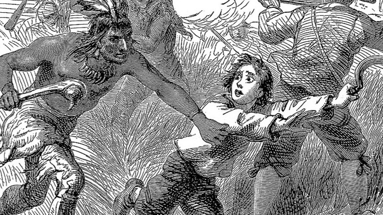 illustration of Indigenous person attacking white person