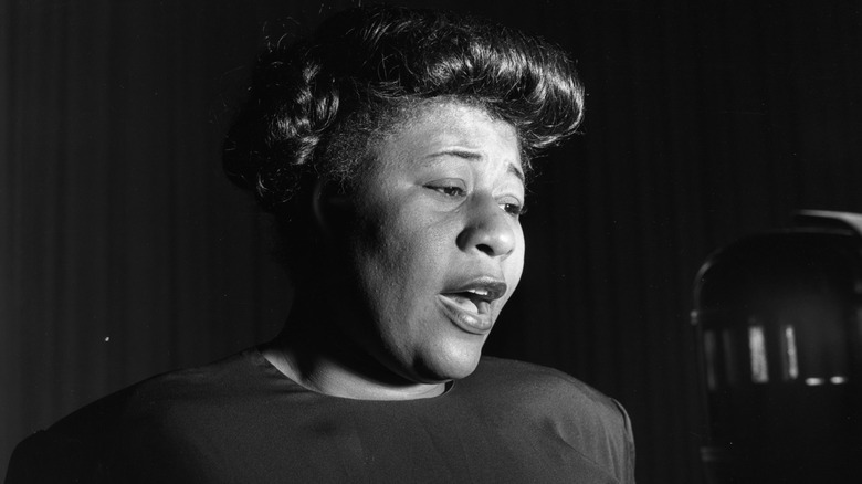 Black and white photo of Ella Fitzgerald singing