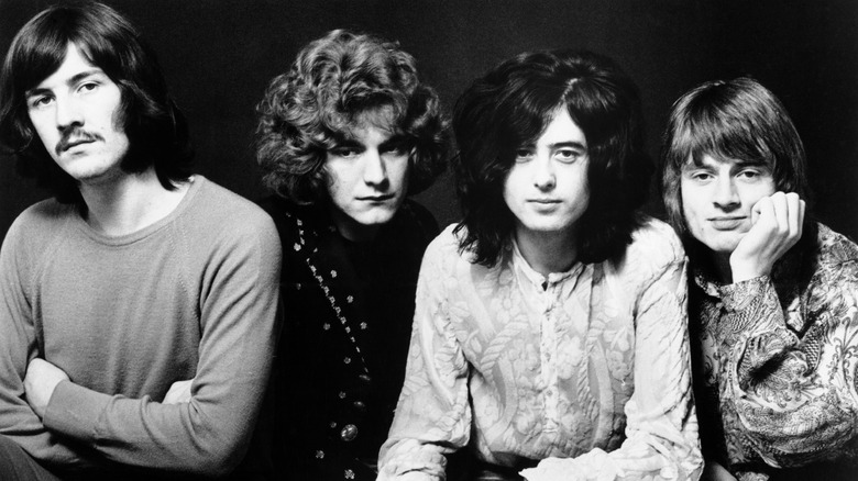 Black and white photo of the band Led Zeppelin in the late 1960s