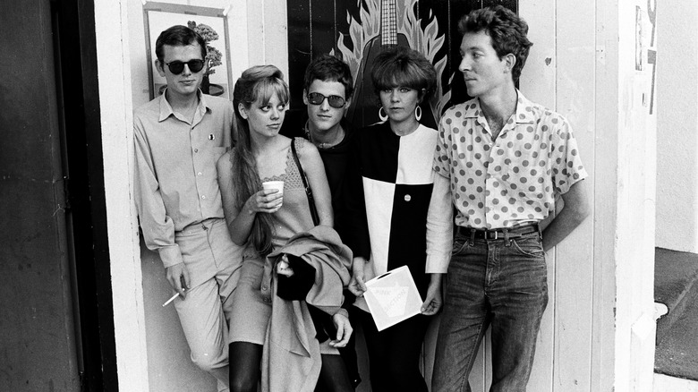 Black and white photo of the B-52's together in 1980