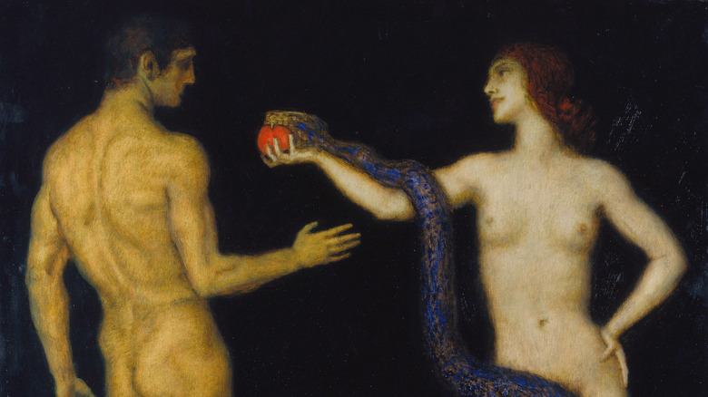 Eve with snake handing Adam fruit