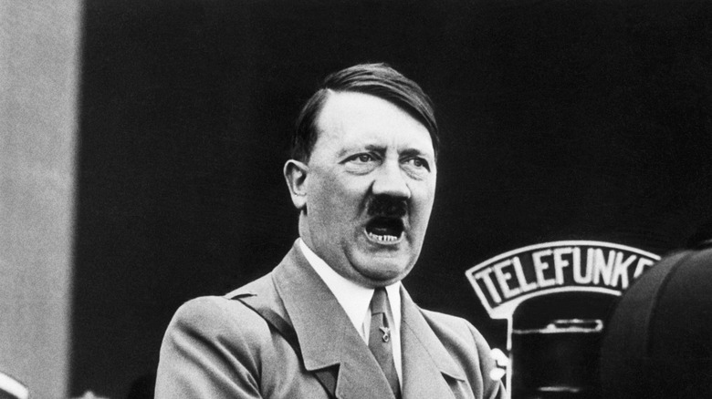 Hitler leans into microphones