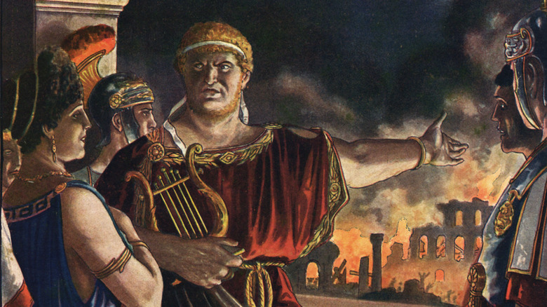 Illustration of Nero and others looking at fire of Rome