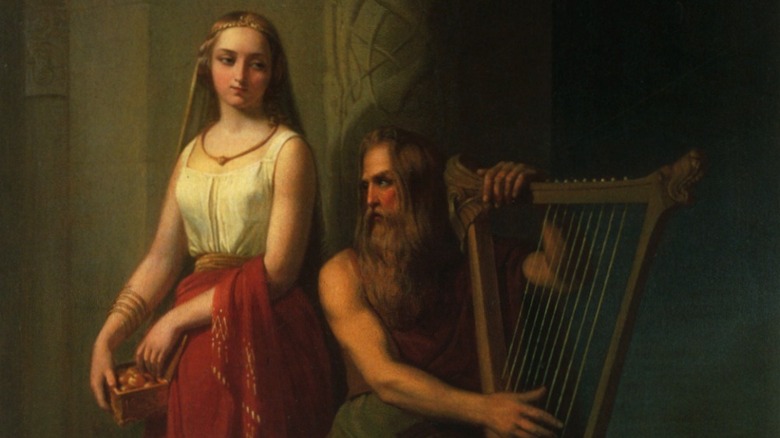 Bragi sitting playing the harp, Iðunn standing behind him