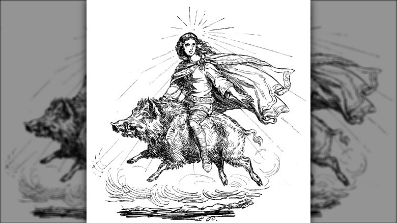 Norse god Freyr riding a boar