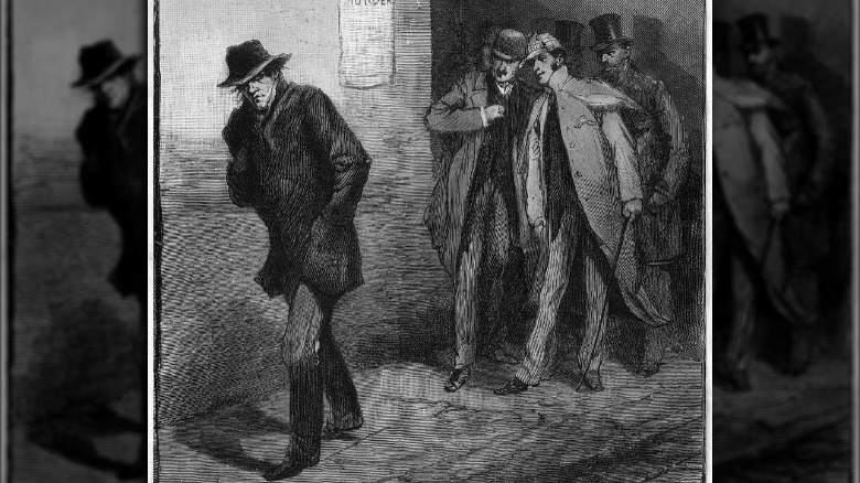 One of a series of images from the Illustrated London News for October 13, 1888 carrying the overall caption, "With the Vigilance Committee in the East End". This specific image is entitled "A Suspicious Character".