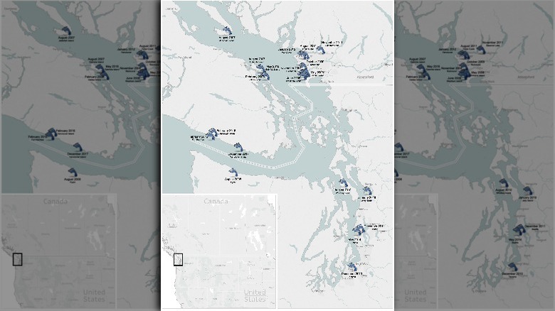 Map of Salish Sea human foot discoveries through December 8, 2017