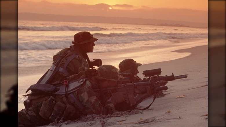 Navy SEALs on beach with weapons