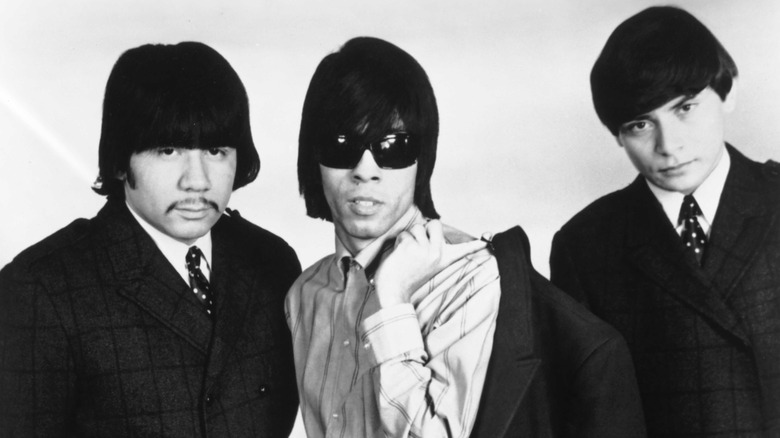 Members of ? and the Mysterians posing in a black and white photo