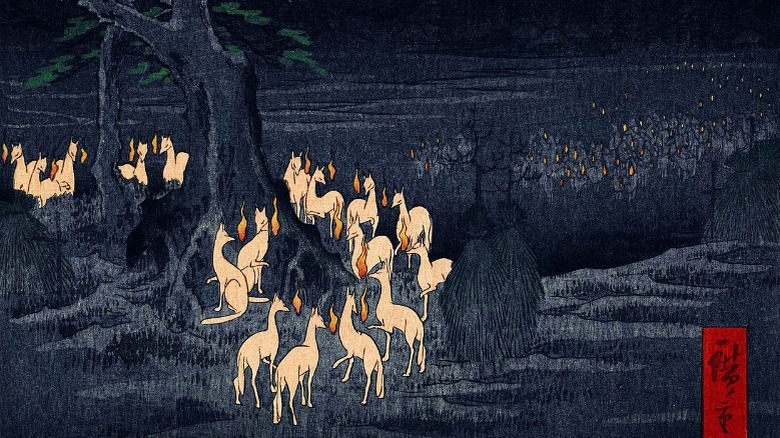 Detail of Utagawa Hiroshige's print "New Year's Eve Foxfires at the Changing Tree, Ōji" ca. 1857