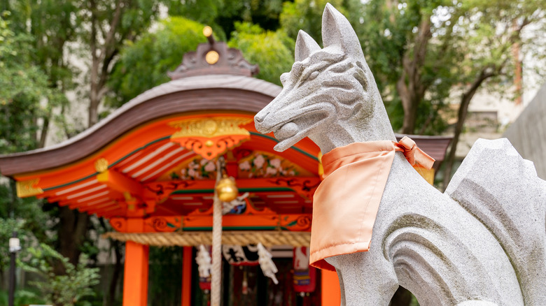 Kobe, Sannomiya, Close Up Statue of Kitsune sculpture