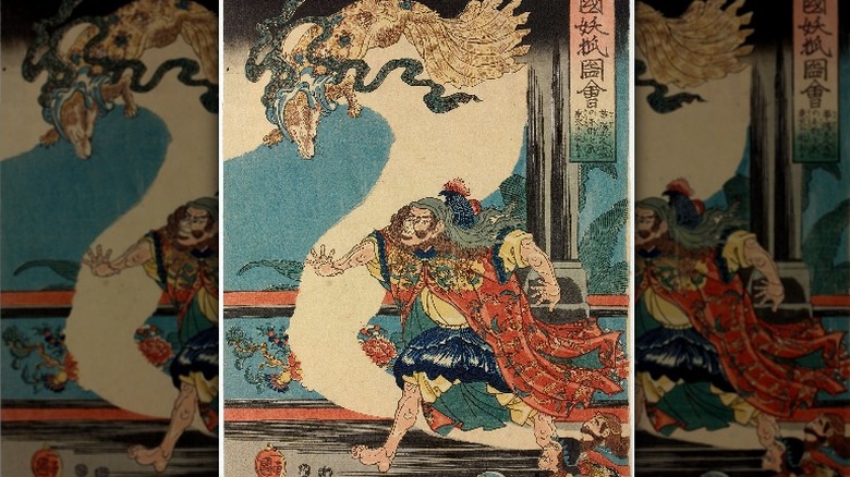 Woodblock print, oban tate-e. Lady Kayo resuming her true form as the nine-tailed fox; King Hansoku runs along a palace balcony.