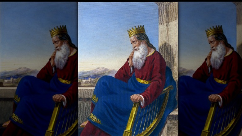 Painting of King David with harp looking over baklcony