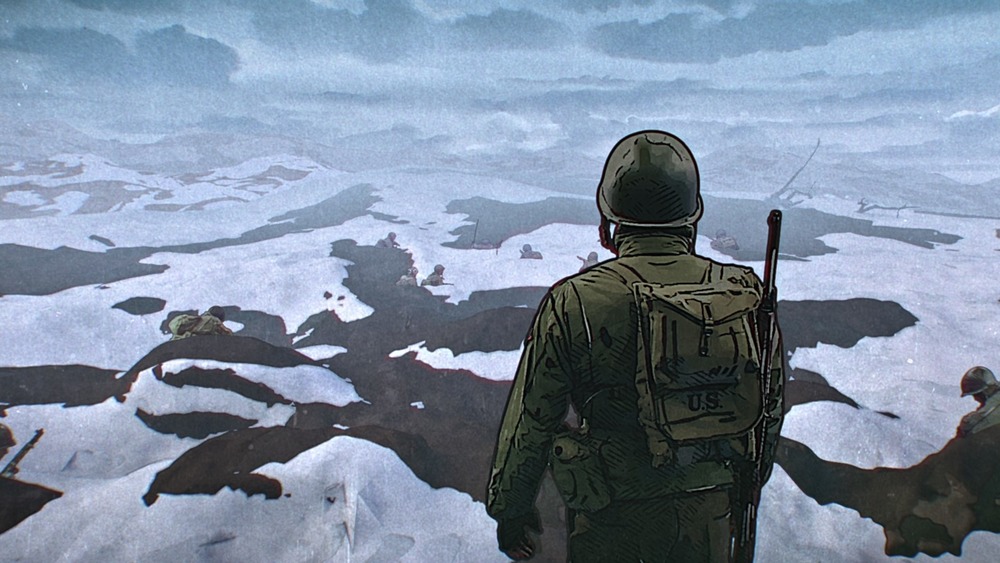 Soldier looking over frozen land in Netflix's The Liberator