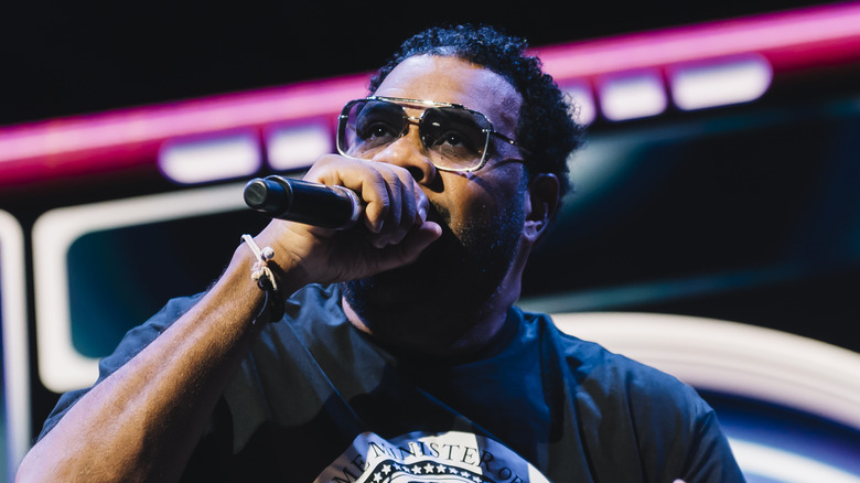 fatman scoop rapping onstage microphone neon