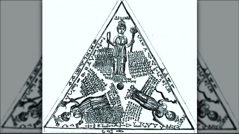 Drawing of a bronze tablet found at Pergamon. The inscription invokes Persephone, Melinoë, and Leucophryne.