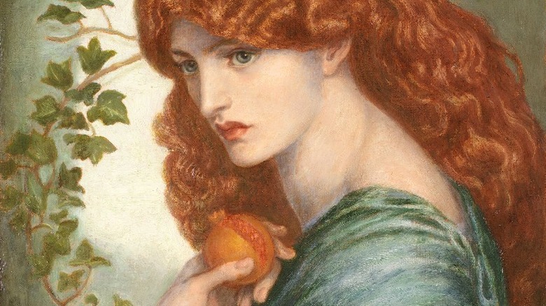 Eighth version of Rossetti's Proserpine holding a pomegranate 