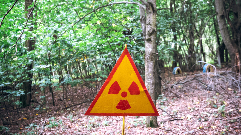 A radiation warning sign outside of Chernobyl