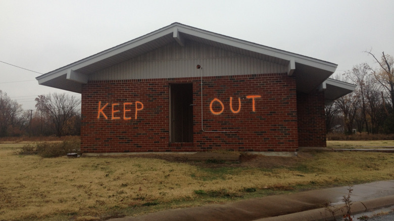 A brick building marked with the words "Keep Out" in Picher, Oklahoma