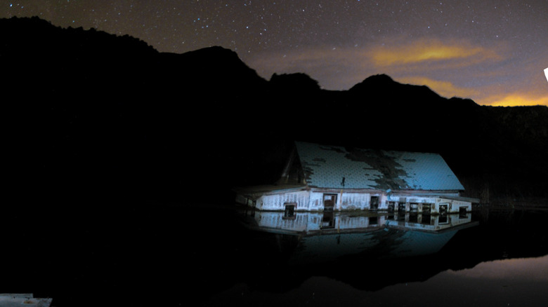 A well-lit half-submerged house in Thistle, Utah