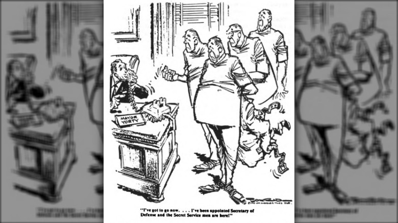 Cartoon of Sam Yorty with orderlies and straight jacket