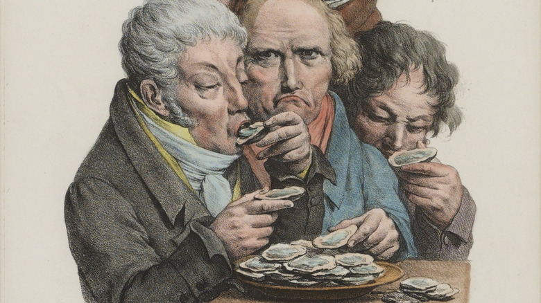 Painting of men slurping oysters in 19th century