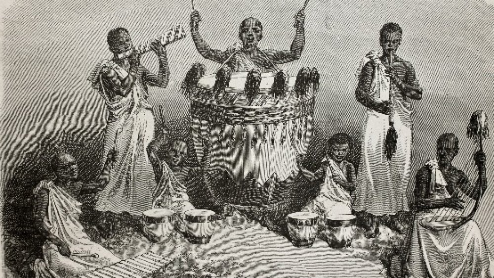 illustration of Karague court orchestra in robes instruments