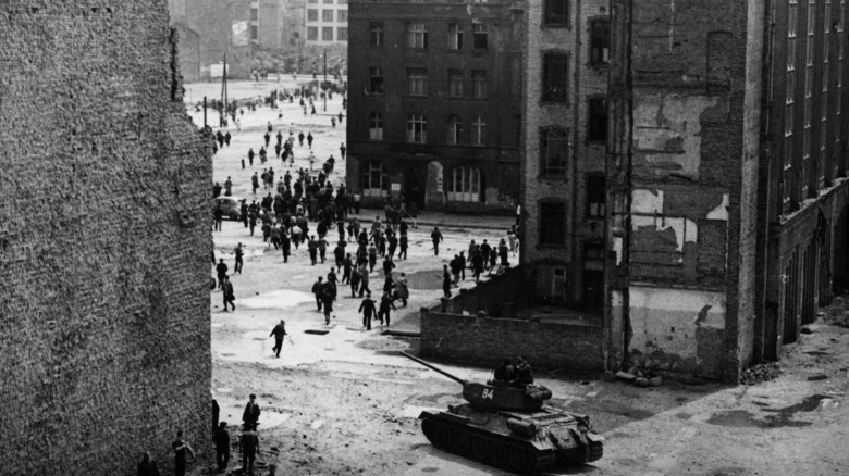 Russian tanks advancing at German citizens