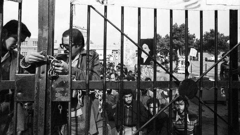 People gather outside U.S. Tehran embassy