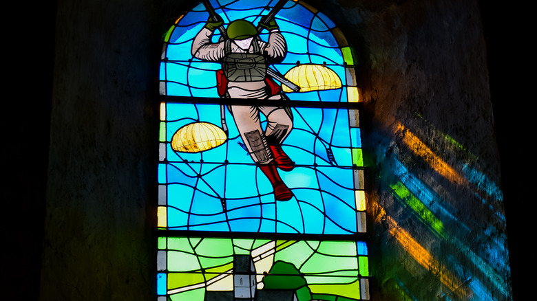 stained glass commemorating the paratrooper medics Robert Wright and Kenneth Moore