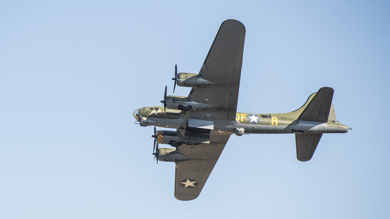 A B-17 Flying Fortress flies overhead during the Victory Air Show in Leicestershire on September 6, 2015 in Leicester, England