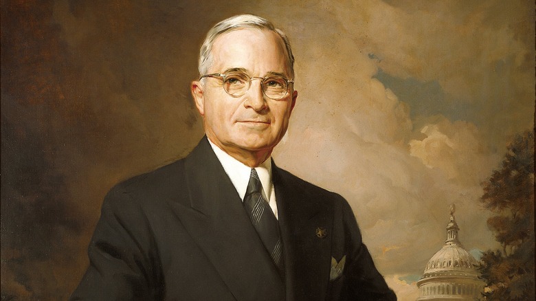 Harry Truman portrait glasses suit