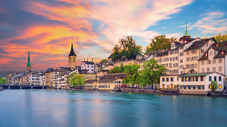 Zurich historic district at sunset
