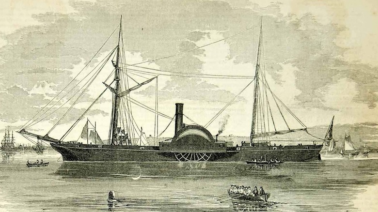 Wood Engraving 1854, USS Fulton, Navy Sidewheel Steamer War Ship Frigate