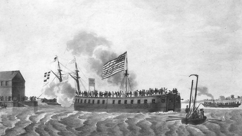 Launching of Demologos, first steam warship. Lithograph