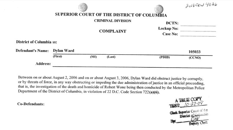 Page of the arrest warrant for Dylan Ward